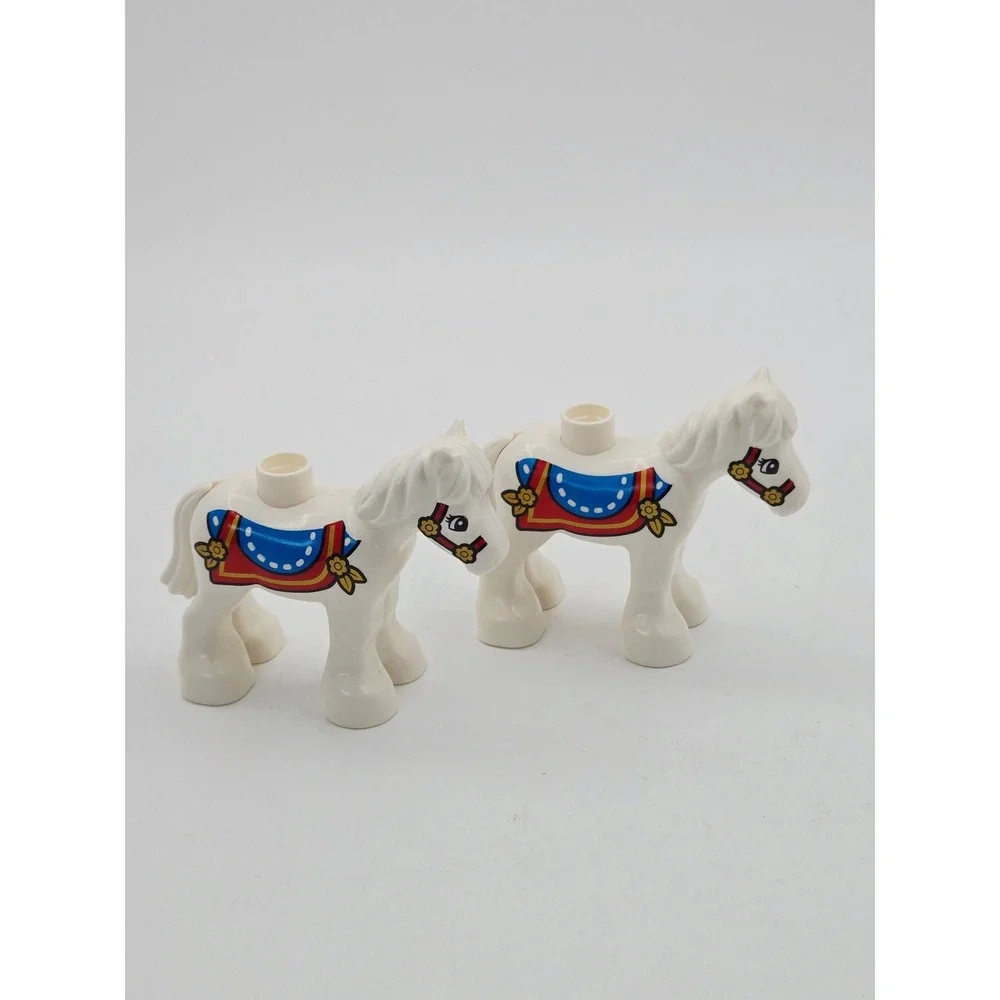 LEGO Duplo White Horse Figures with Blue and Red Saddle Lot of 2 10352